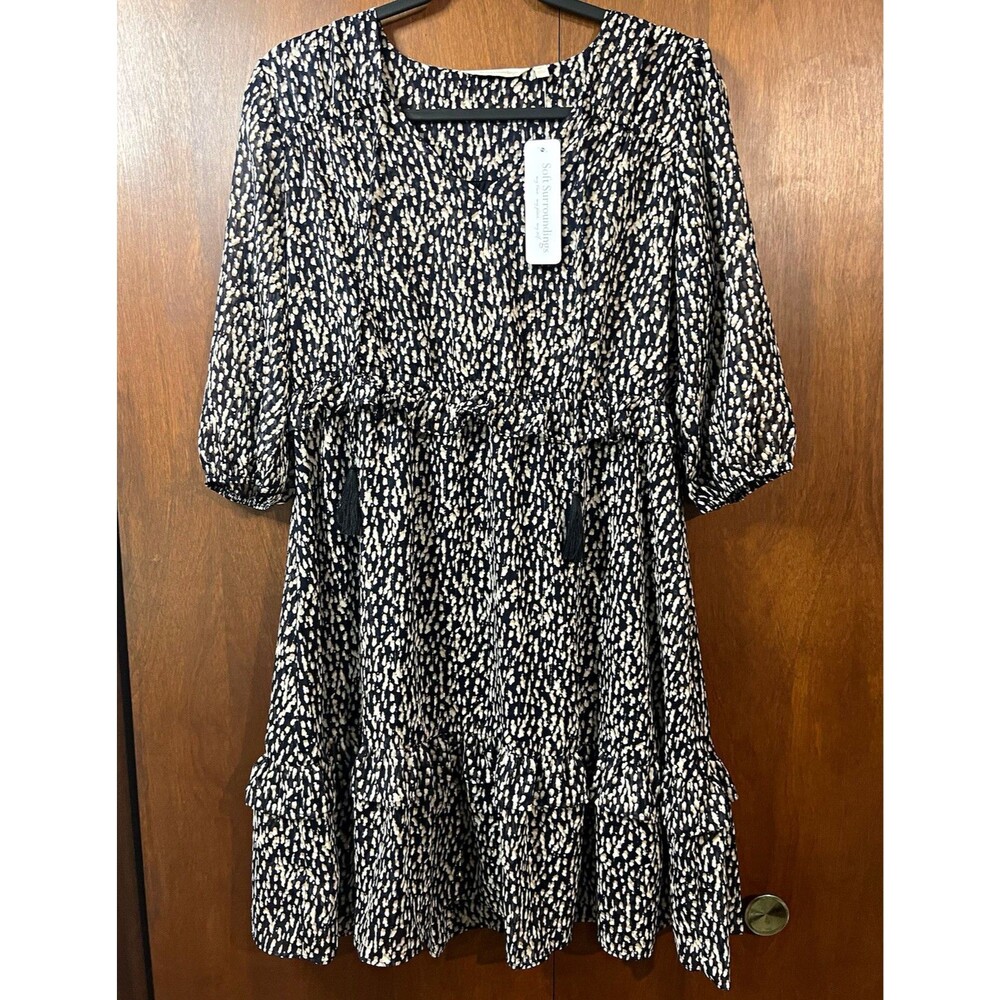 Soft Surroundings Hazel Tiered Ruffle Dress Black Cream Abstract Print Petite PS
